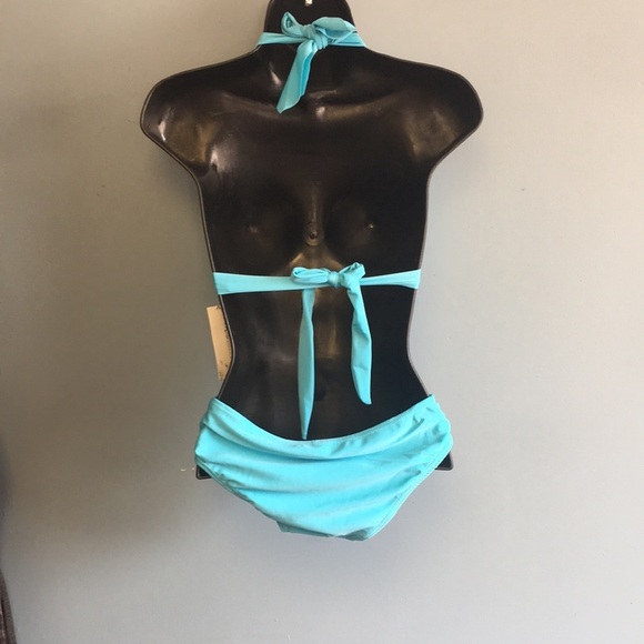 One Piece Swimsuit- Solid Aqua Blue Side Cutout Backless: Size Medium - Picture 5 of 8